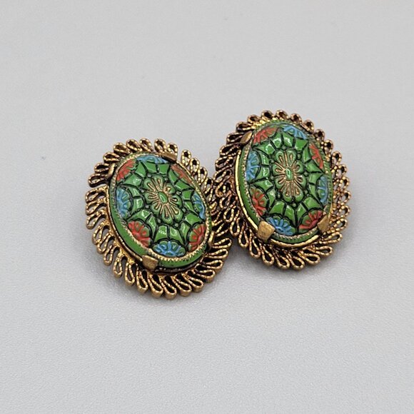 Moroccan Matrix Domed Clip On Earrings Molded Enamel Filigree Frame Vintage - Picture 3 of 5